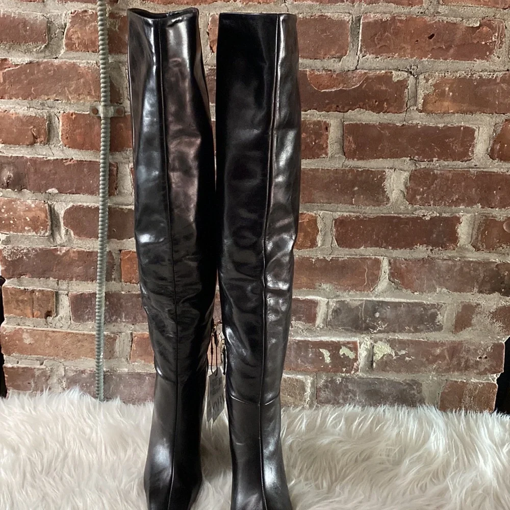 NWT Zara Leather Over The Knee Wedge Heel Boots, Size 7.5 - Picture 10 of 17